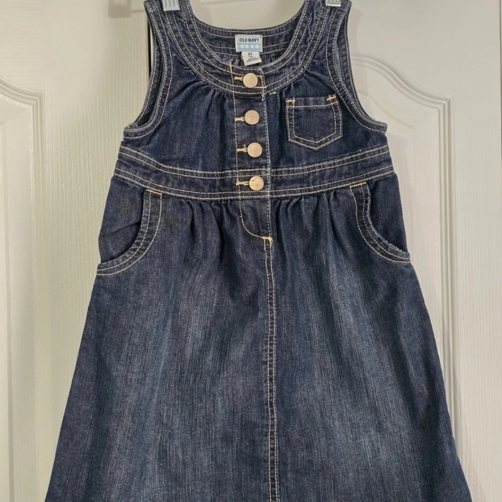 Old Navy Dark Jean Denim Heart Snap Jumper Dress Pockets 5T  Adorable !